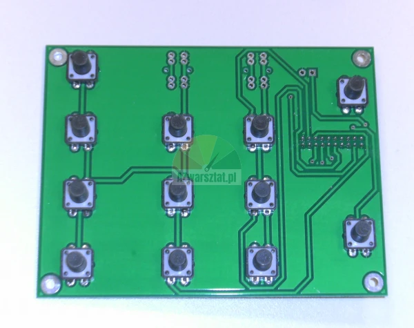 Zelená deska s plošnými spoji PCB s několika černými hmatovými tlačítkovými spínači.