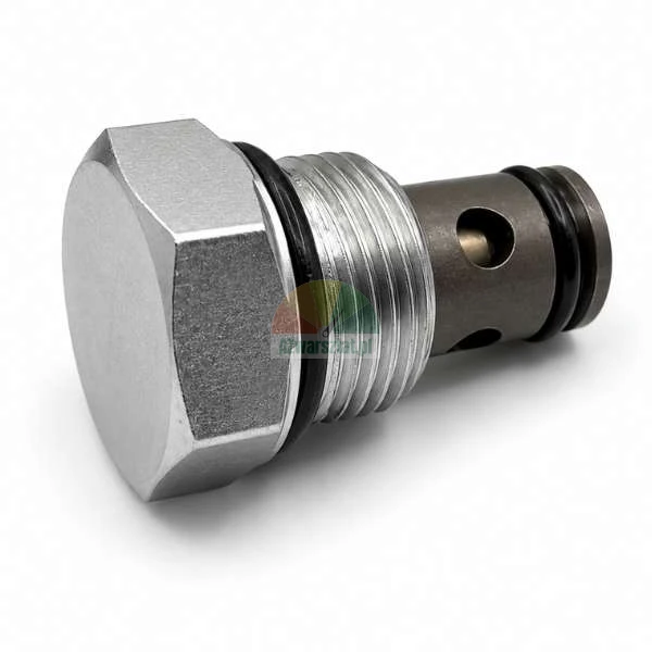 Hydraulický ventil s šestihrannou hlavou, závitovým tělem a černými těsnicími kroužky na bílém pozadí.