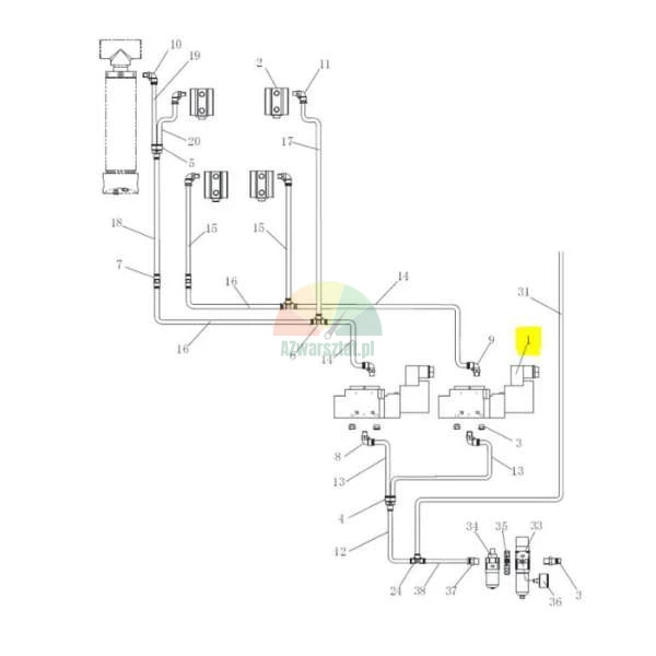 Schematický technický výkres hydraulického nebo pneumatického systému s očíslovanými součástmi, kde je součást číslo 1 zvýrazněna žlutě.