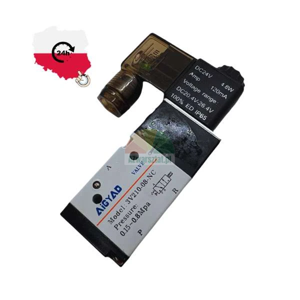 Pneumaticky elektromagneticky ventil AIGYAD model 3V210-08-NC, napajeni DC 24V, tlak 0.15-0.8 MPa, s civkou a konektorem.
