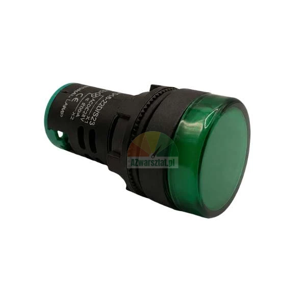 Zelená LED signální kontrolka AC/DC 24V s kulatým krytem a černým válcovým tělem