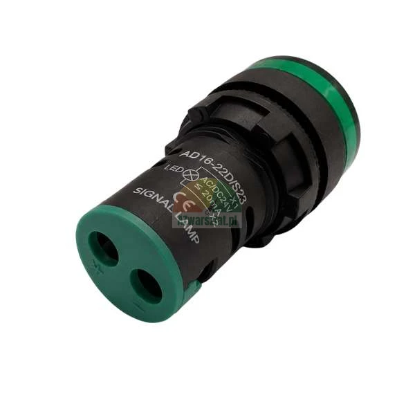 Zelená LED signální kontrolka AD16-22D/S23 AC/DC 24V se šroubovými svorkami.