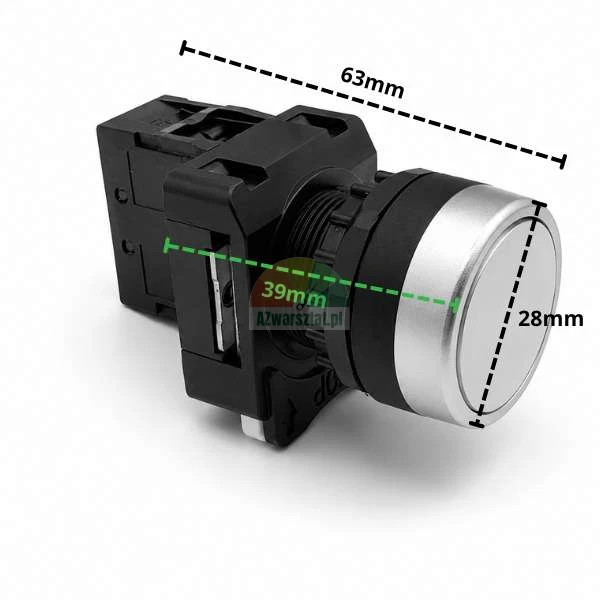 Bile ovladaci tlacitko XB2 1xNO s rozmery: delka 63 mm, prumer 28 mm, montazni sirka 39 mm.
