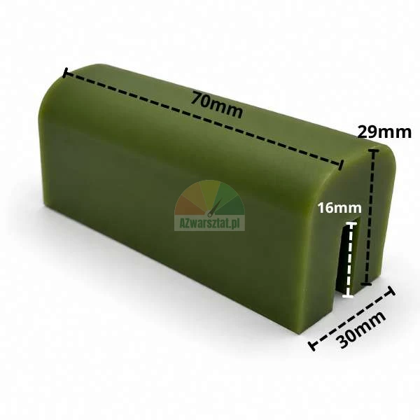 Zelený kluzný blok zvedáku 70mm x 30mm x 29mm s vyznačenými rozměry.