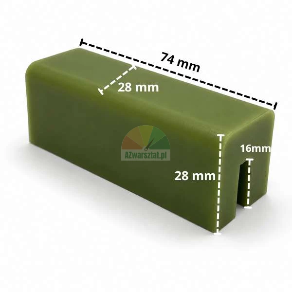 Zelený kluzný blok pro zvedák o rozměrech 74 mm x 28 mm x 28 mm s vyznačenými rozměry.