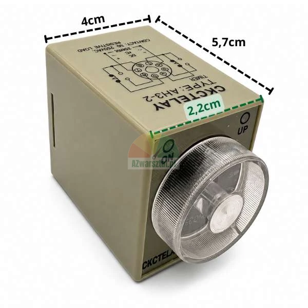 Casove rele AH3-2 24VDC 6s s vyznacenymi rozmery pouzdra 4cm na 5.7cm a otocnym volicem 2.2cm.