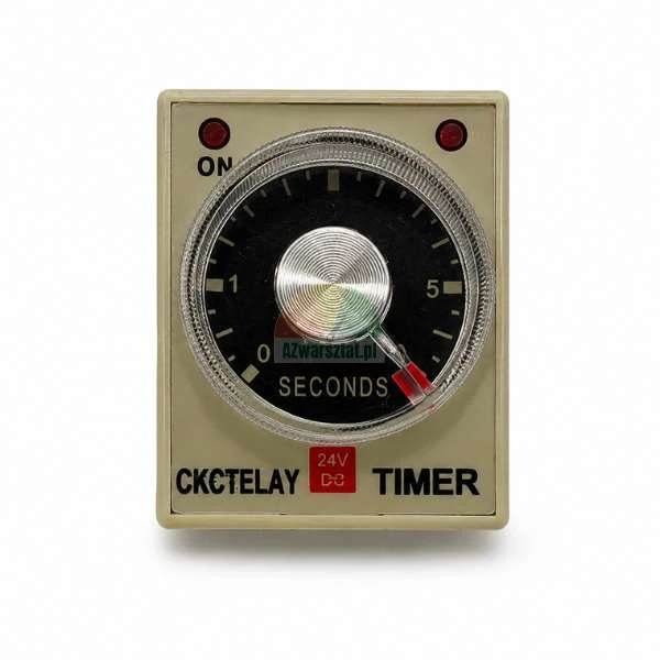Analogové časové relé CKCTELAY TIMER 24V se stupnicí od 0 do 5 sekund, otočným ovladačem a LED indikátory.