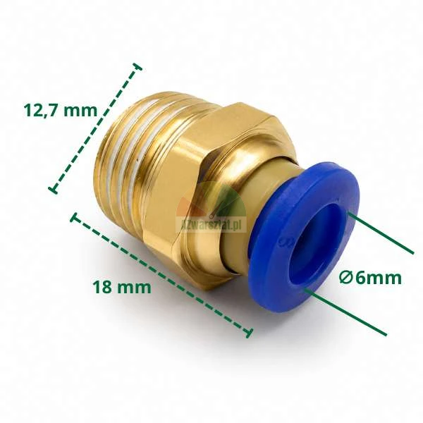 Mosazna pneumaticka nastrcna rychlospojka 6mm se zavitem 12.7 mm a delkou 18 mm.