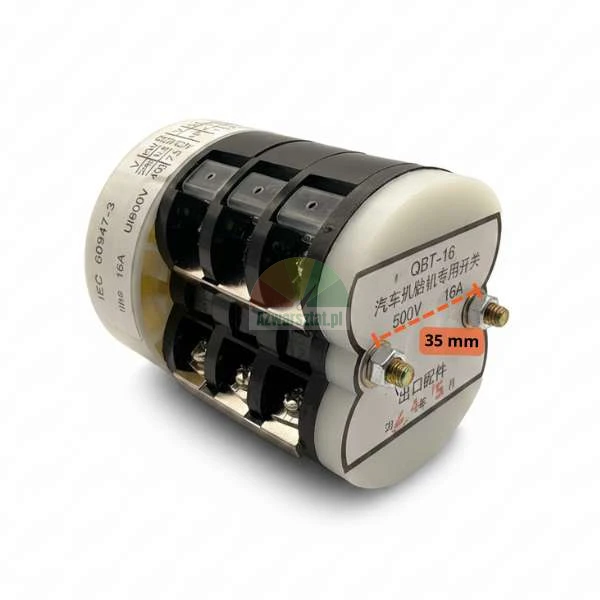 Otočný spínač QBT-16 pro zouvačku pneumatik, 500V 16A, s vyznačenou roztečí montážních šroubů 35 mm.