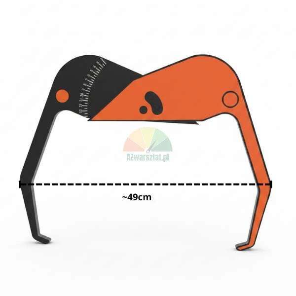 Oranzovo-cerna lesnicka prumerka v podobe klesti s vyznacenym maximalnim rozevrenim ramen priblizne 49 cm. Pristroj ma merici stupnici.