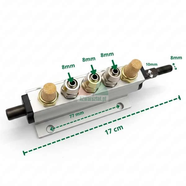 Pneumatický rozdělovač vzduchu, ventil odražeče pneu 3x8mm s vyznačenými rozměry.