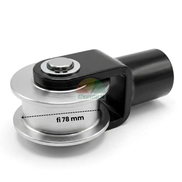 Kovová bránová kladka o průměru fi 78 mm v černém montážním držáku.