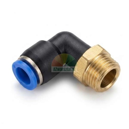 Úhlová pneumatická spojka typu L s mosazným závitem 12,7 mm a 6 mm nástrčnou rychlospojkou s modrým kroužkem.