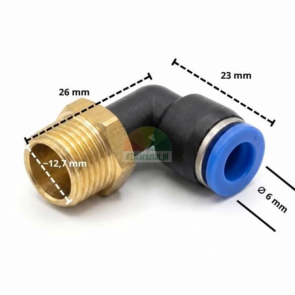 Úhlová pneumatická L-spojka se závitem 12.7 mm a nástrčným spojem 6 mm s rozměry
