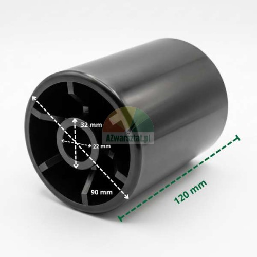 Siroky cerny pritlacny valek o delce 120 mm a prumeru 90 mm.
