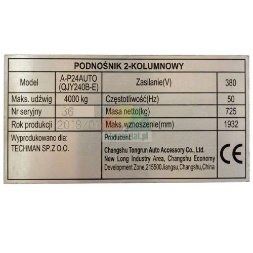 Výrobní štítek dvousloupového zvedáku QJY240B-E.