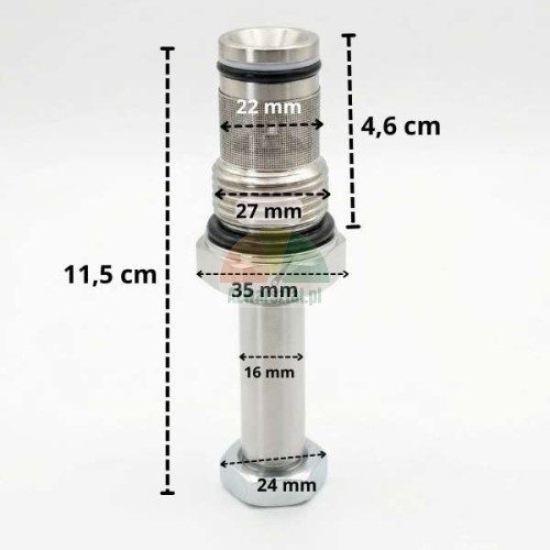 Spouštěcí ventil pro elektromagnetickou cívku 16mm / G27mm s vyznačenými technickými rozměry.