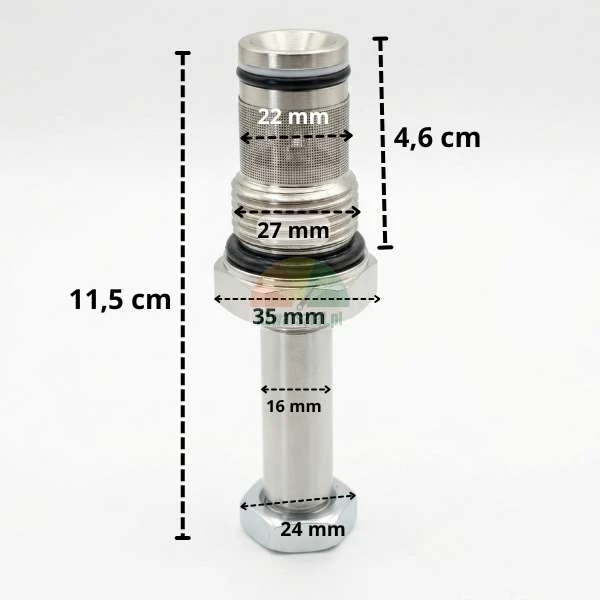 Spouštěcí ventil pro elektromagnetickou cívku 16mm / G27mm s vyznačenými technickými rozměry.