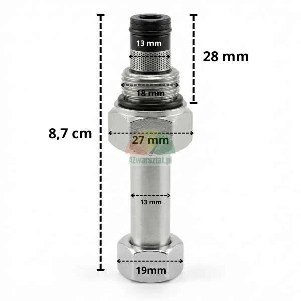 Spouštěcí ventil pro cívku 13mm/G19mm s vyznačenými montážními rozměry.