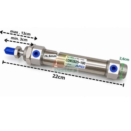Pneumaticky valec CDM2B25-100 AFCI s rozmery na bilem pozadi.