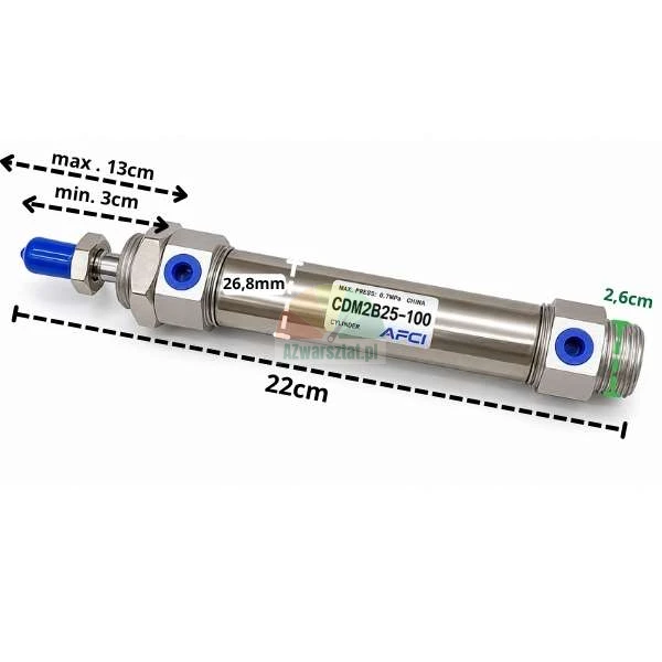 Pneumaticky valec CDM2B25-100 AFCI s rozmery na bilem pozadi.