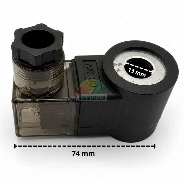 Černá cívka spouštěcího ventilu 24V DC s vnitřním průměrem 13 mm a délkou 74 mm.
