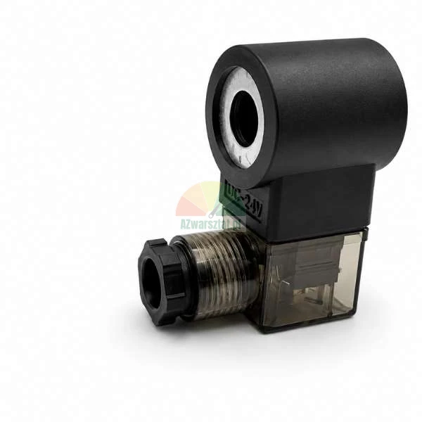 Černá cívka elektromagnetického ventilu 24V DC s průhledným konektorem na bílém pozadí.