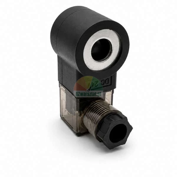 Černá cívka elektromagnetického ventilu 24V DC s průhledným konektorem na bílém pozadí.