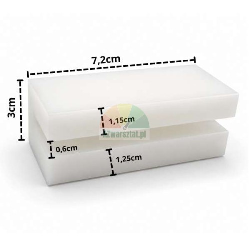 Bílý plastový kluzný blok pro zvedák o rozměrech 7,2 cm x 3 cm s popisem rozměrů.