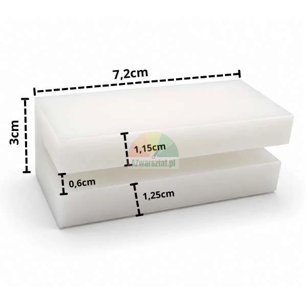 Bílý plastový kluzný blok pro zvedák o rozměrech 7,2 cm x 3 cm s popisem rozměrů.