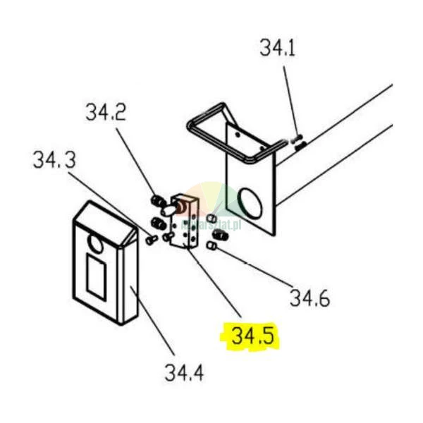 Technicky montazni diagram znazornujici mechanicke soucasti se zvraznenym cislem 34.5 oznacujicim ventilovy nebo ridici blok.
