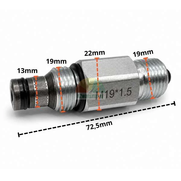 Hydraulický spouštěcí ventil se závitem M19x1.5 a technickými rozměry