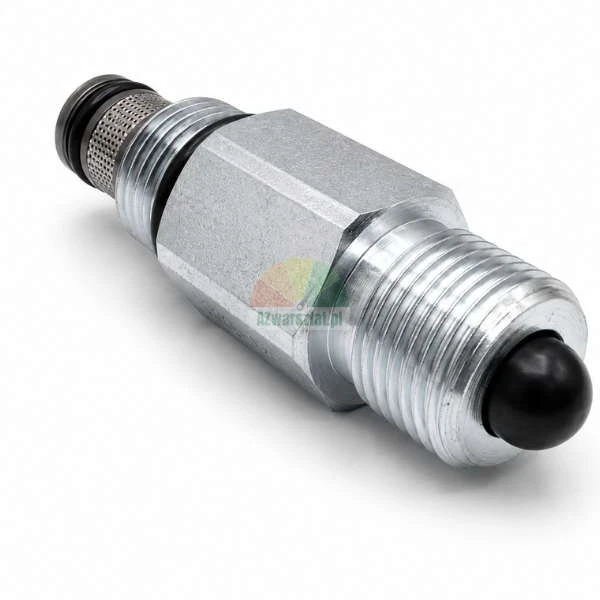 Hydraulický vestavný ventil s kovovým závitem, sítkem a černým tlačítkem na bílém pozadí.