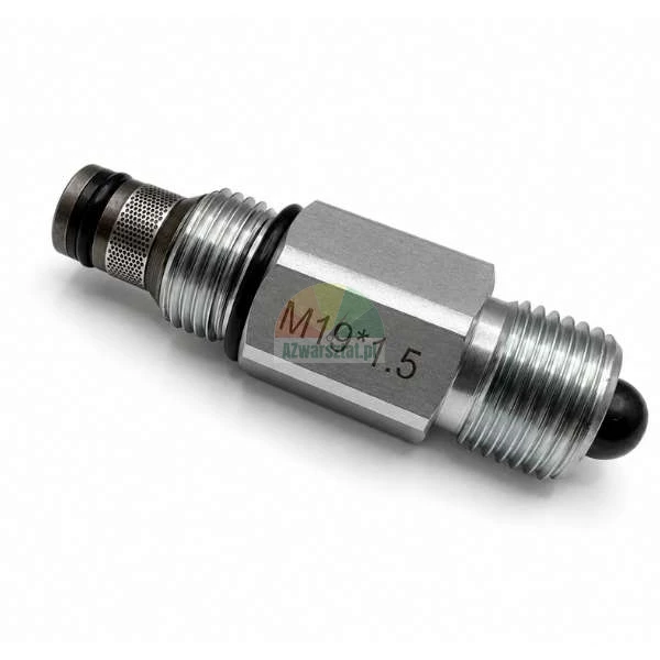 Kovový hydraulický ventil s označením M19*1.5, o-kroužky a sítkovým filtrem na bílém pozadí.