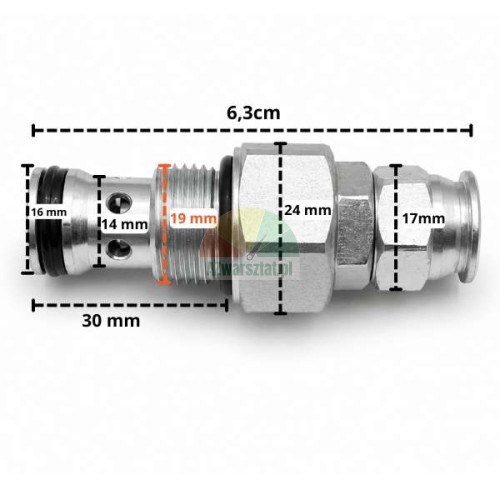 Přepouštěcí a pojistný ventil G19mm s vyznačenými technickými rozměry