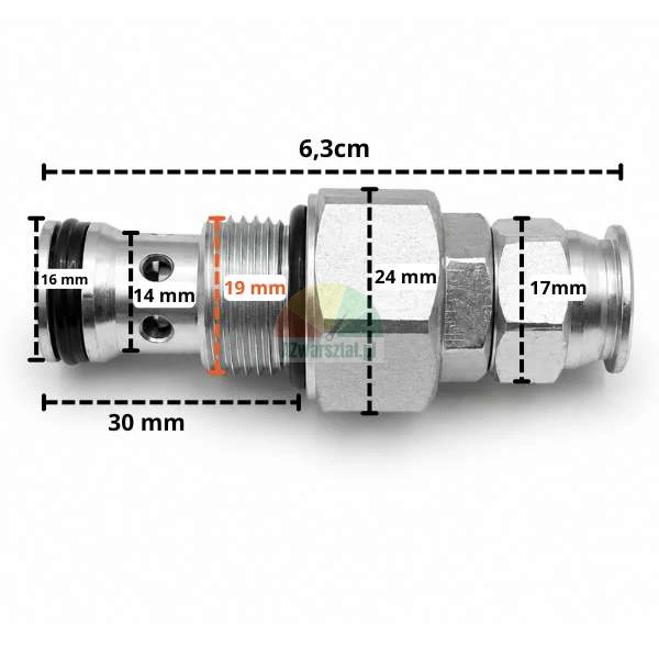 Přepouštěcí a pojistný ventil G19mm s vyznačenými technickými rozměry