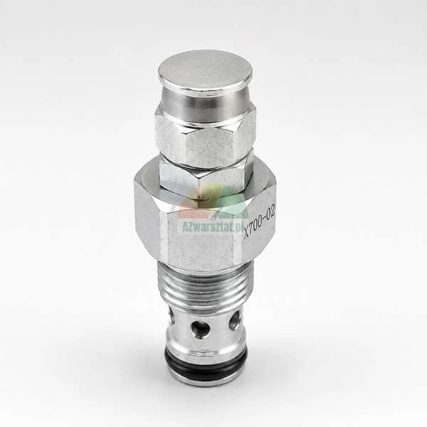 Hydraulický vestavný ventil s gravírováním X700-02, závitovým tělem, gumovým O-kroužkem a šestihrannými maticemi na bílém pozadí.