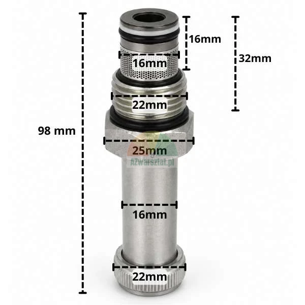 Spouštěcí ventil pro cívku 16mm G22mm s rozměry