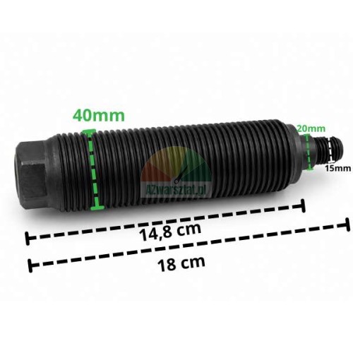 Závitová hřídel vyvažovačky kol o průměru 40 mm a celkové délce 18 cm.
