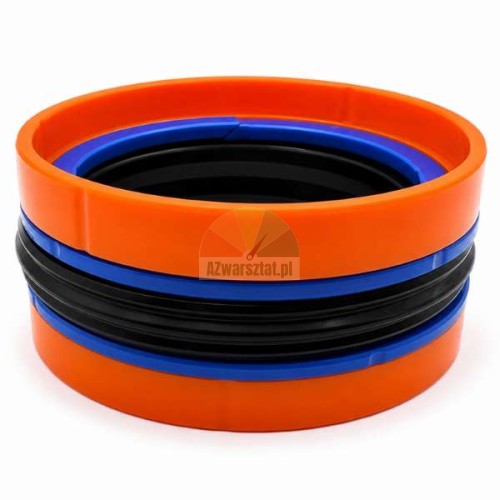 Kompaktní pístové těsnění hydraulického válce o rozměrech 63x47x31 mm, skládající se z oranžových, modrých a černých kroužků.