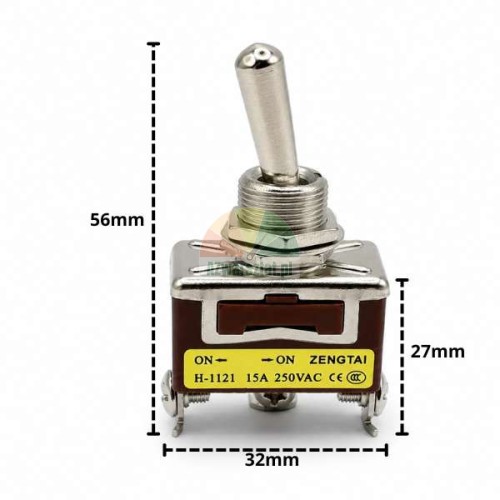 Páčkový přepínač ON-ON s rozměry 56mm, 32mm a 27mm, model H-1121 ZENGTAI.