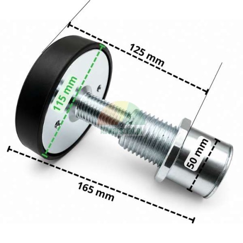 Patka zvedáku s gumovou podložkou a rozměry: průměr patky 115 mm, průměr čepu 50 mm, výška 165 mm
