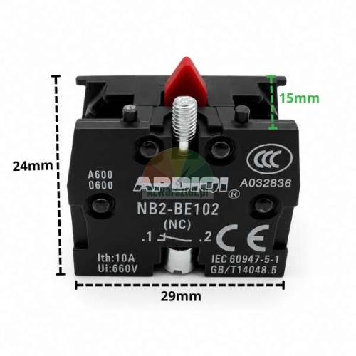Pomocný kontakt NC APDIQI NB2-BE102 pro tlačítko s rozměry 29x24 mm.
