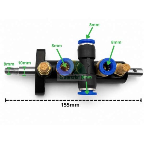Černý pneumatický rozdělovač ventilů typ B o délce 155 mm s přípojkami 8 mm a 10 mm.