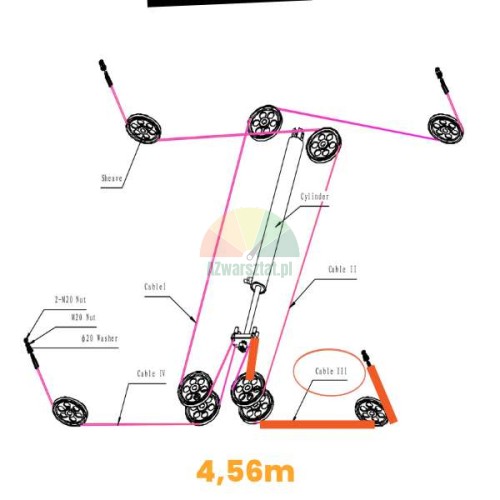 Schéma vedení ocelového lana 4.56m pro čtyřsloupový zvedák Launch TLT440W TLT440.