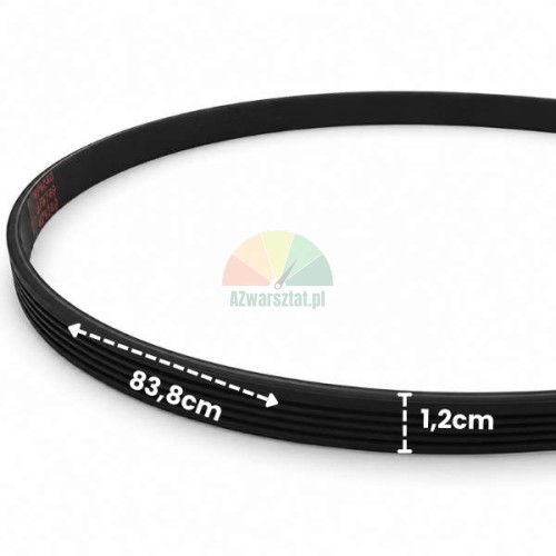 Černý drážkovaný řemen pro vyvažovačku kol o délce 83,8 cm a šířce 1,2 cm s vyznačenými rozměry.
