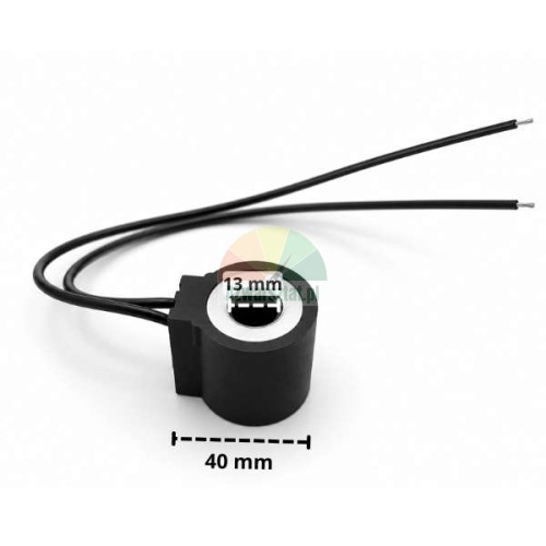 Černá elektromagnetická cívka DC 24V s vodiči o rozměrech 13 mm a 40 mm.